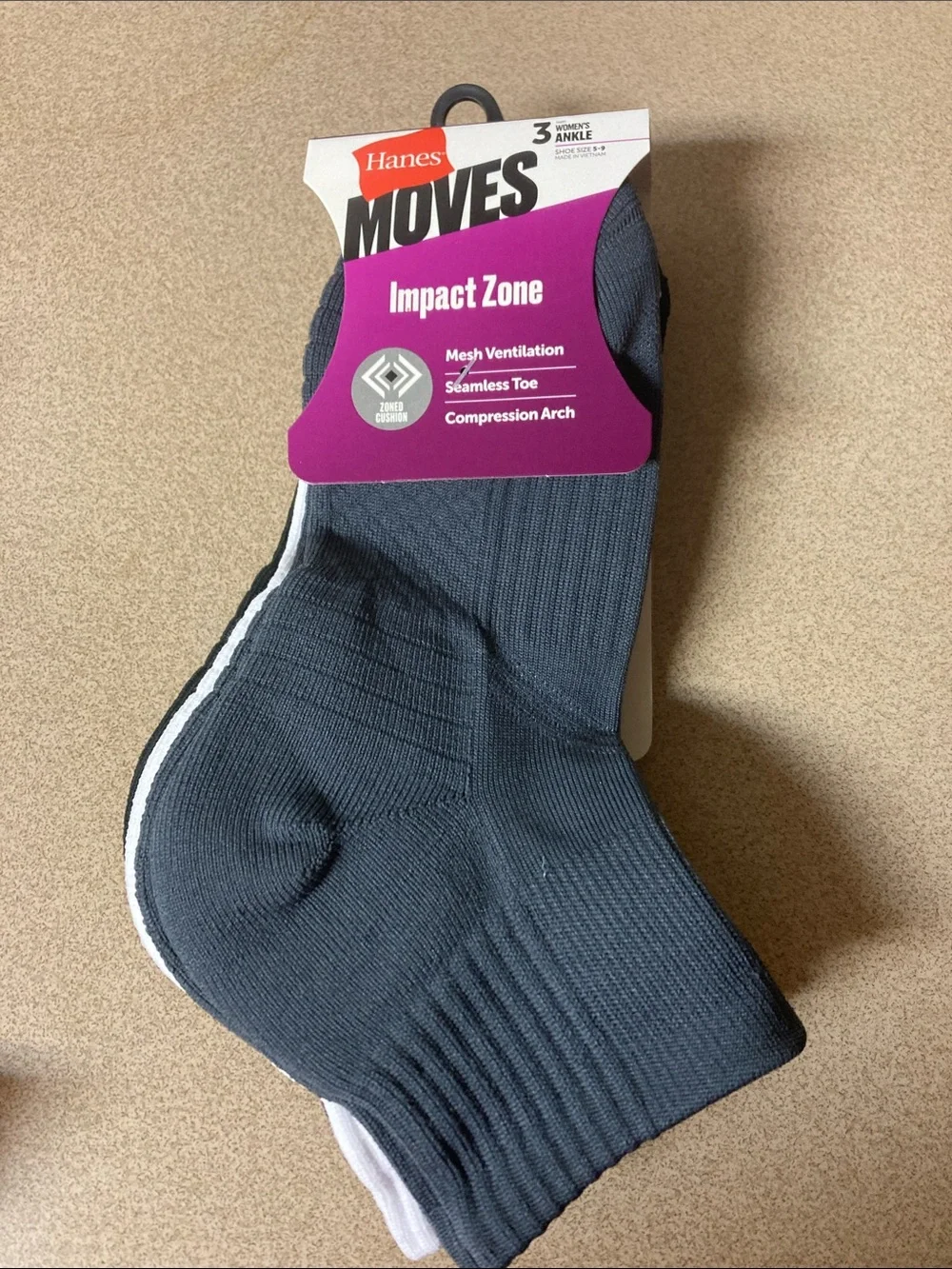 Hanes Moves Impact Zone Ankle Socks - Dark Gray black white (3-Pack)